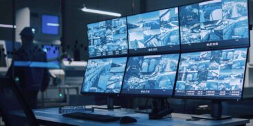 Skärmar hos en larmcentral som övervakar med intelligent kamerabevakning | SafeTeam