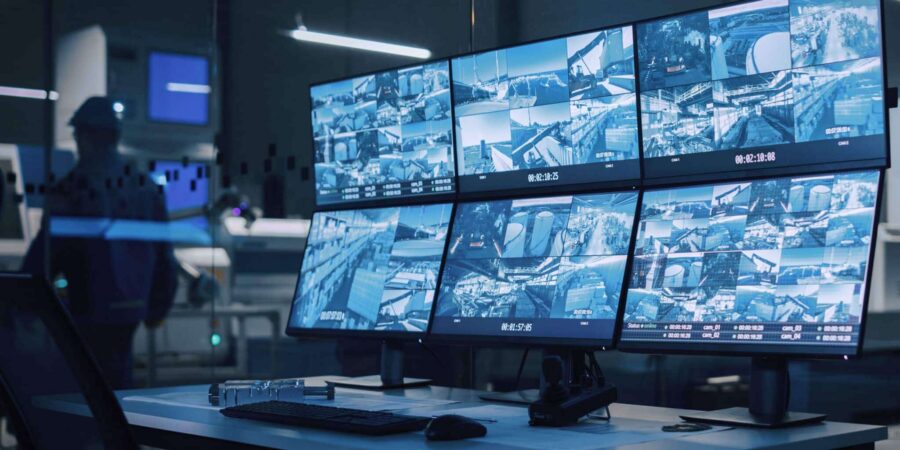 Skärmar hos en larmcentral som övervakar med intelligent kamerabevakning | SafeTeam