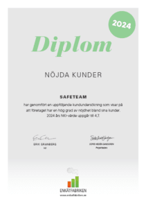 Diplomet Nöjda Kunder har tilldelats SafeTeam för NKI-resultatet 4,7 av 5.