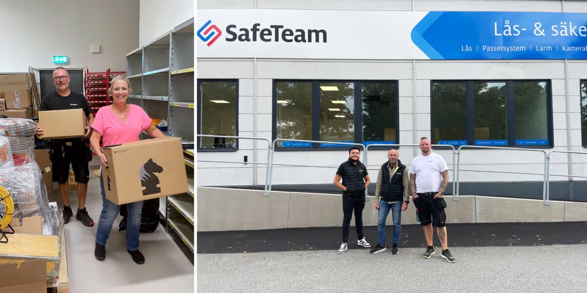 SafeTeam i Malmö flyttar till nya lokaler. Personal med flyttlådor. Samt personal utanför den nya adressen på Höjdrodergatan i Malmö.