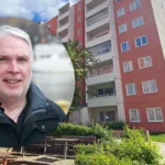 Ett flerfamiljshus hos Botkyrkabyggen i Stockholm och en bild i bilden på trygghetsansvarig hos fastighetsbolaget.