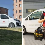 Servicebilar från Himmelsta Byggentreprenad och från SafeTeam, där en säkerhetstekniker från SafeTeam går från bilen med verktygslåda och stege.