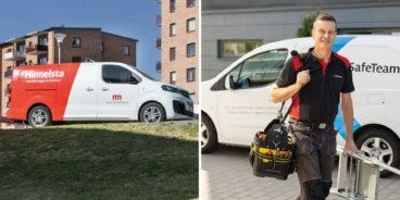 Servicebilar från Himmelsta Byggentreprenad och från SafeTeam, där en säkerhetstekniker från SafeTeam går från bilen med verktygslåda och stege.